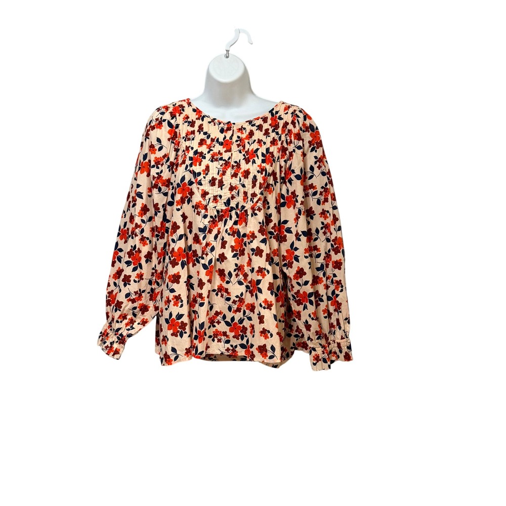 Elizabeth and James Floral Pintuck Peasant Blouse Red Navy Cream Large - Picture 2 of 8